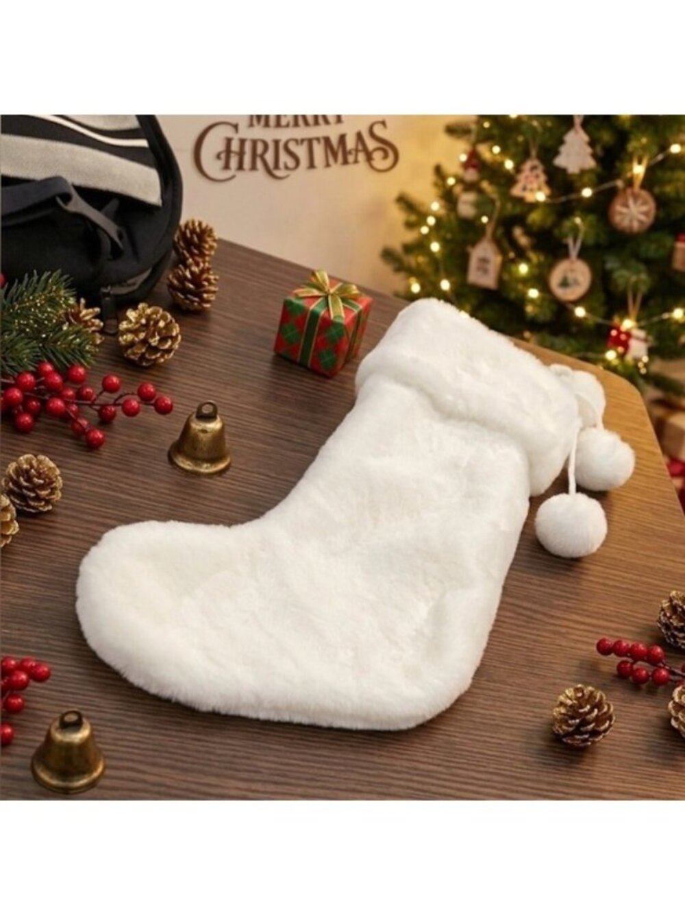 Set of 4 Martha Stewart Plush White Christmas Stockings Pom Pom Trim 20"